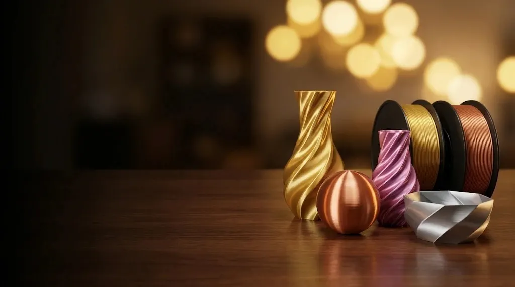 Koyu ahşap masada parlak altın vazo, bakır küre, pembe spiral vazo, gümüş kase ve altın ile bakır PLA Silk filament makaraları