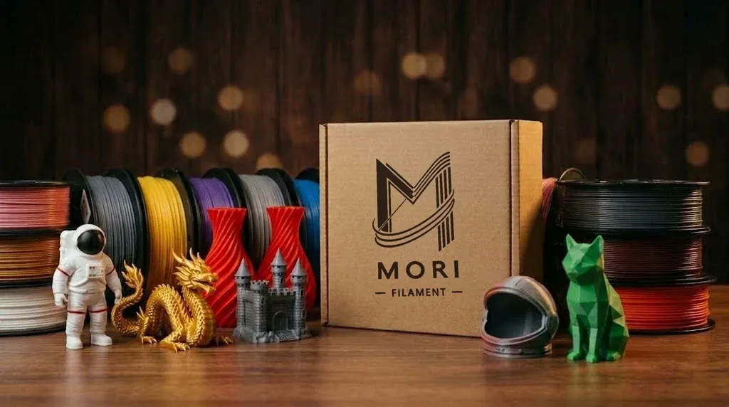 Ahşap masada renkli filament makaraları, üzerinde Mori Filament logosu basılı karton kutu ve 3D baskı astronot, altın ejderha, kale, vazo, kask ve yeşil kedi figürleri