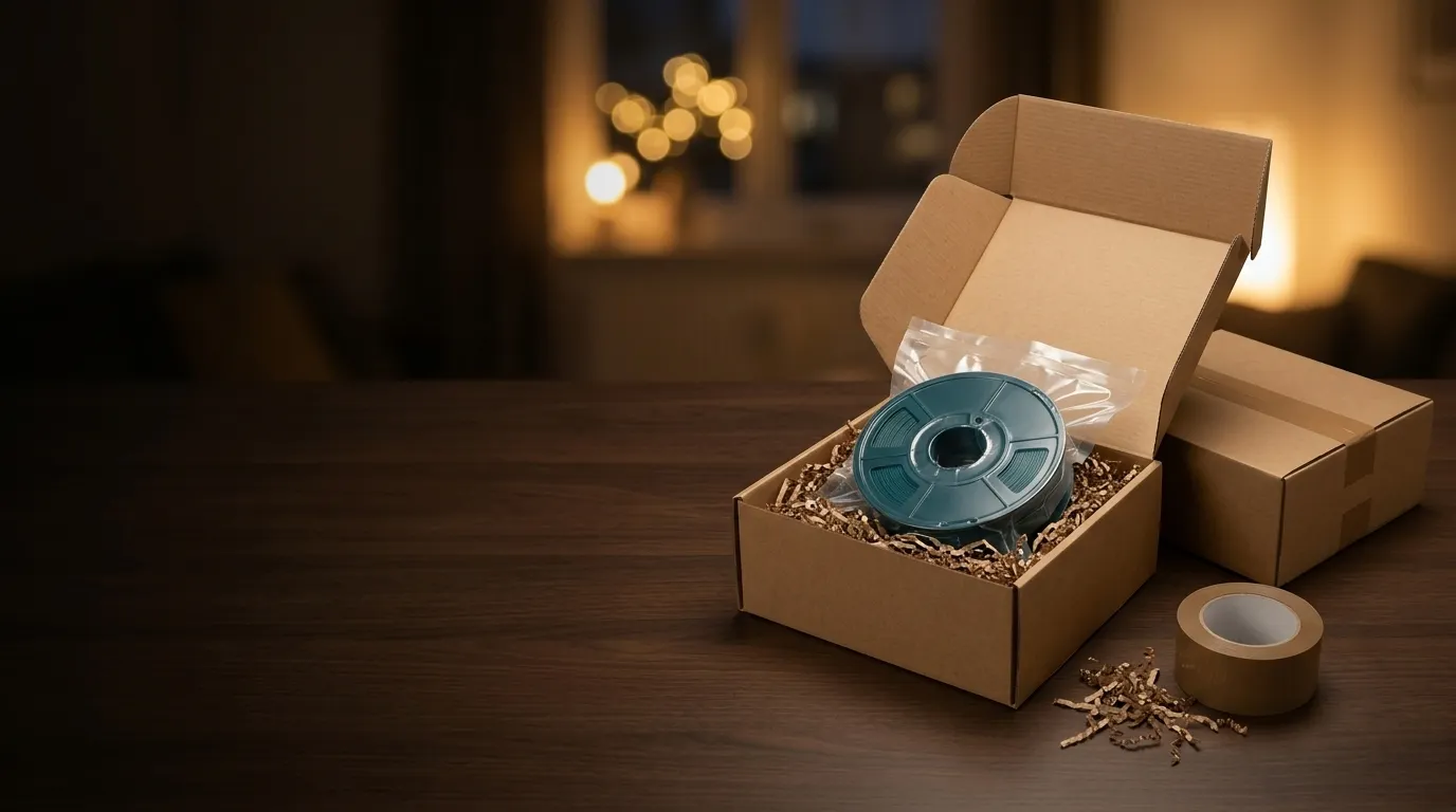 Paketleme masasında vakumlu poşette filament makarası ve silika jel bulunan açık karton koli
